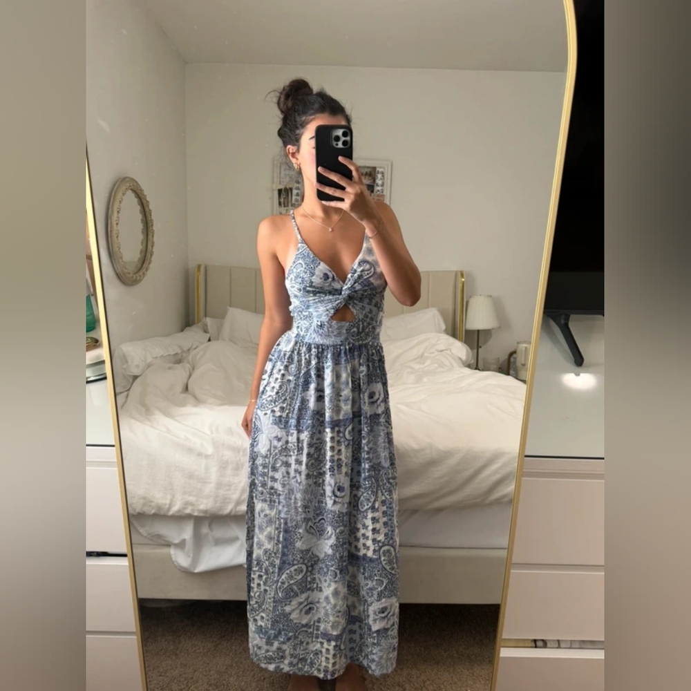 Blue Paisley Cutout Maxi Dress with Spaghetti Straps